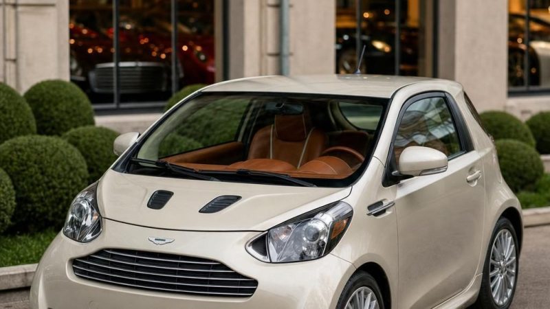 L'Aston la plus improbable jamais produite. La Cygnet, citadine dérivée de la Toyota iQ, habillée de cuir et de l'écusson ailé, conçue pour abaisser la moyenne d'émissions de la gamme. Une curiosité assumée. Lien en bio.